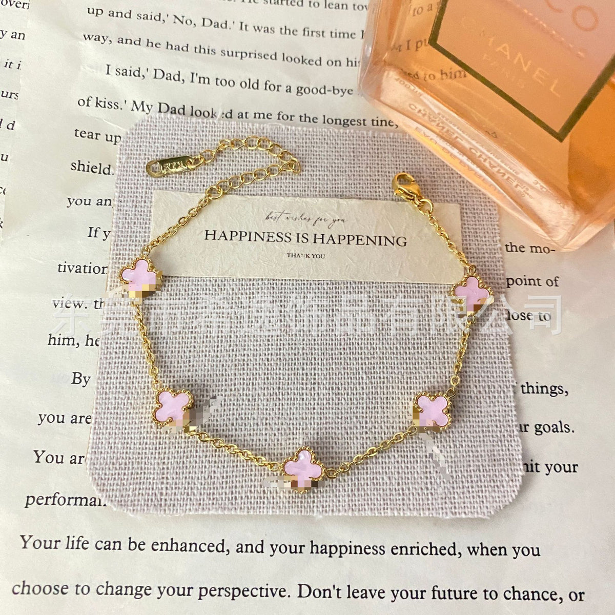 Women’s Pink Clover Bracelet, Gold‑Plated Four‑Leaf Clover Fashion Jewelry Bracelet