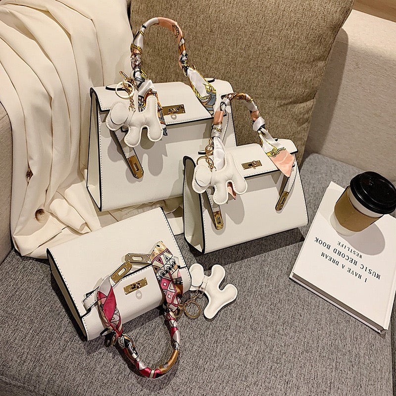 Women Fashion PU Leather Handbag, Luxury Satchel Bag With Silk Scarf Charm