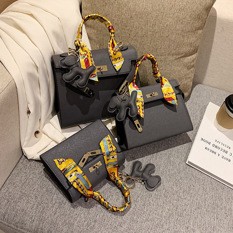 Women Fashion PU Leather Handbag, Luxury Satchel Bag With Silk Scarf Charm