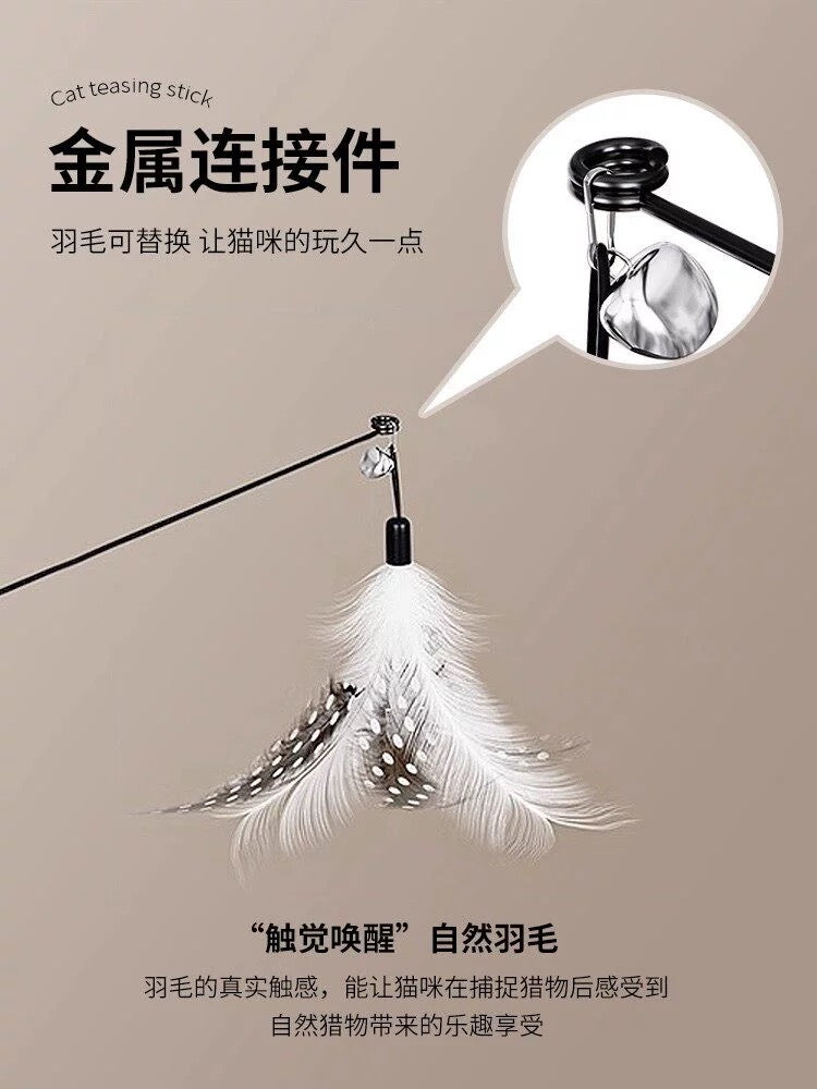 Wooden Handle Cat Teaser Wand, Interactive Feather Cat Toy With Bell & Replaceable Hooks