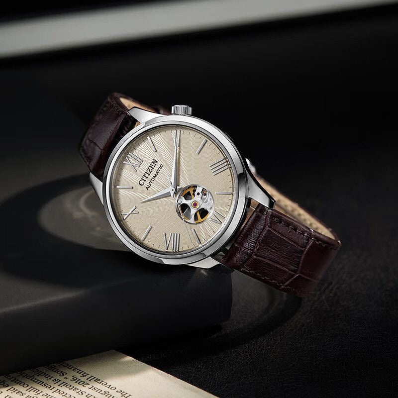 Citizen Men's Automatic Mechanical Watch, Hollow Dial Roman Numeral Leather Strap Wristwatch