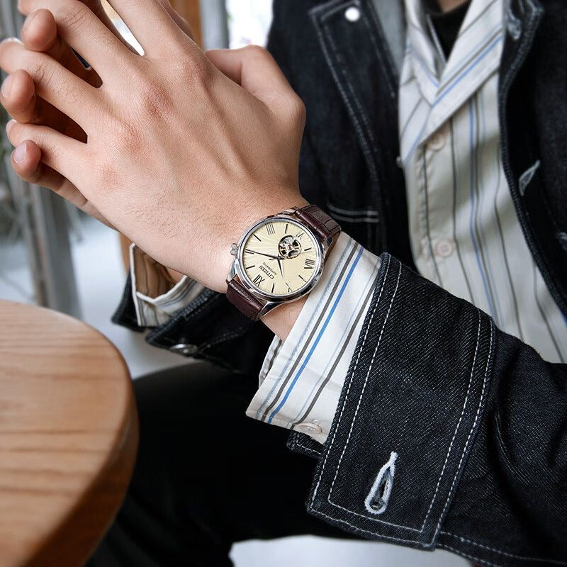Citizen Men's Automatic Mechanical Watch, Hollow Dial Roman Numeral Leather Strap Wristwatch