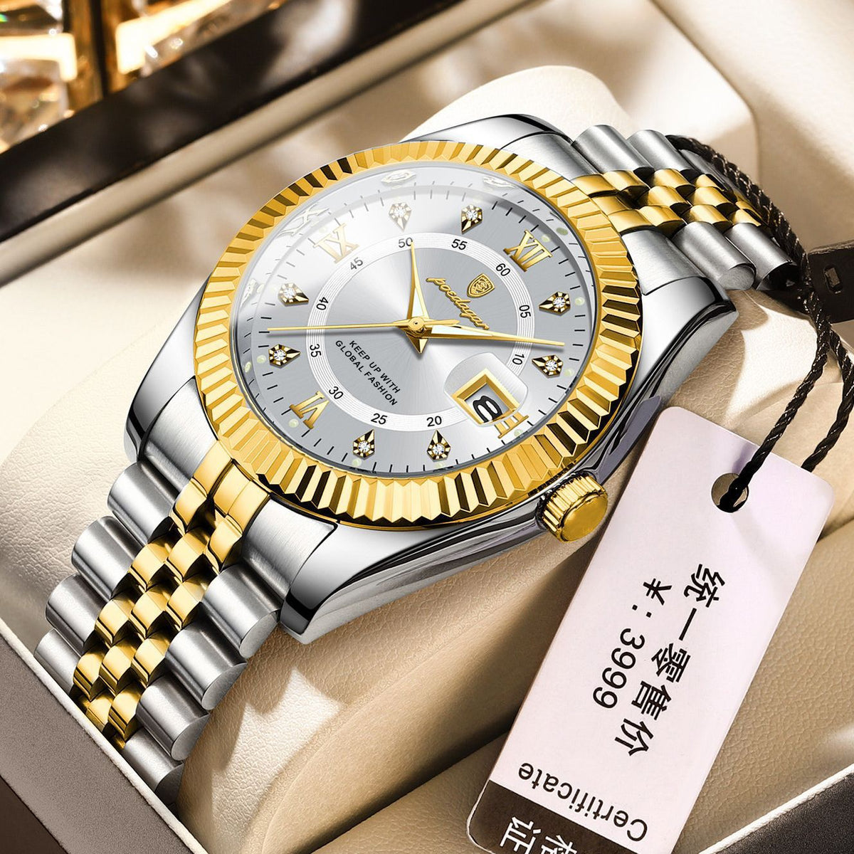 Men Luxury Business Quartz Watch, Two‑Tone Gold Silver Stainless Steel Band, Blue Dial Calendar Dress Wrist Watch for Men