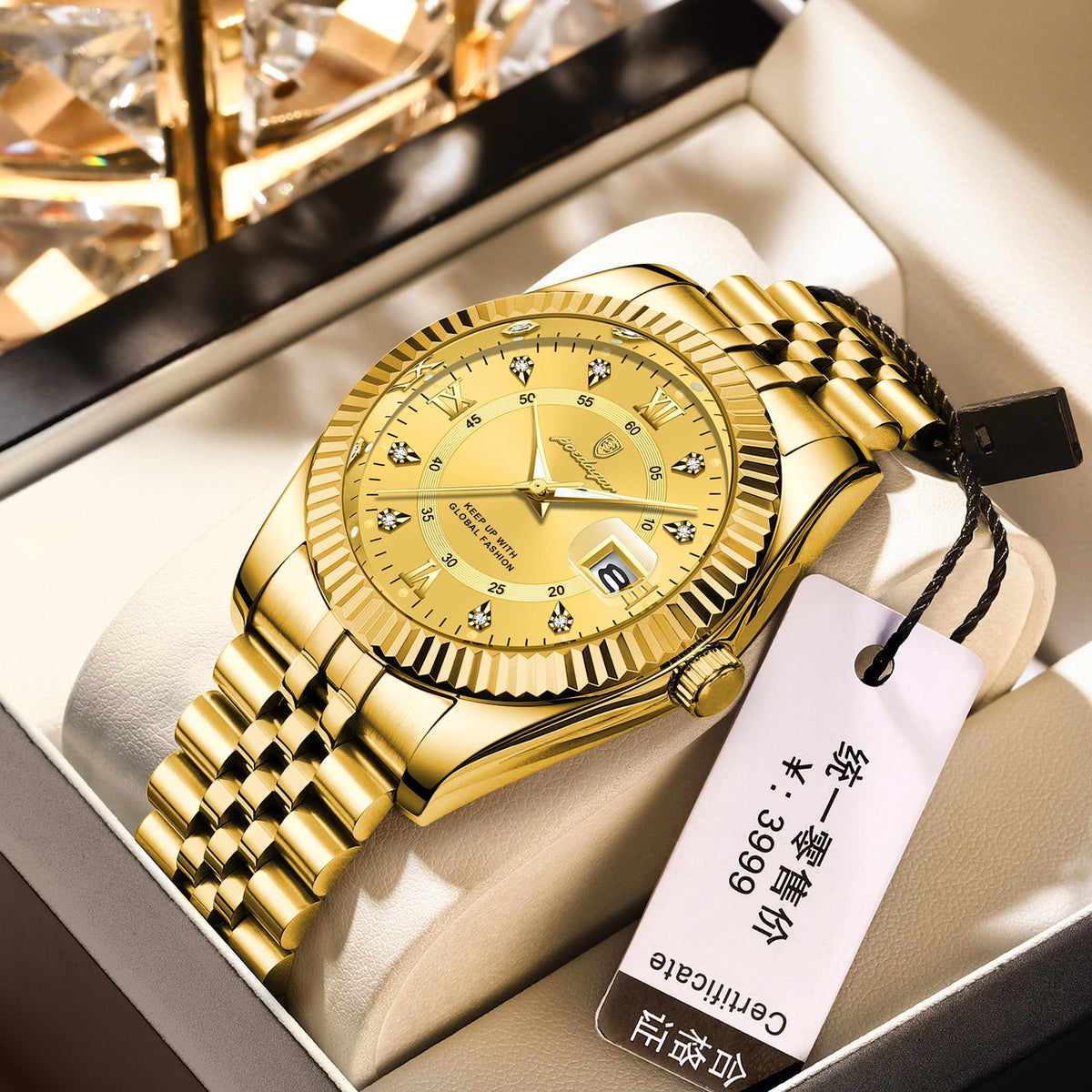 Men Luxury Business Quartz Watch, Two‑Tone Gold Silver Stainless Steel Band, Blue Dial Calendar Dress Wrist Watch for Men