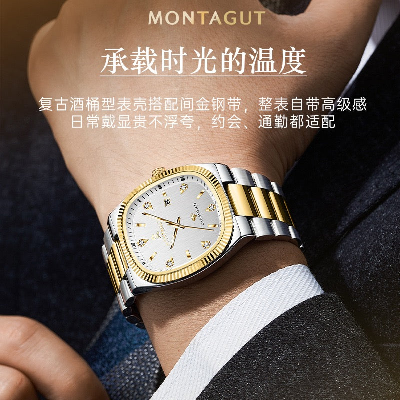 Montagut Men’s Quartz Wrist Watch, Two‑Tone Gold Silver Stainless Steel Watch with Date Window