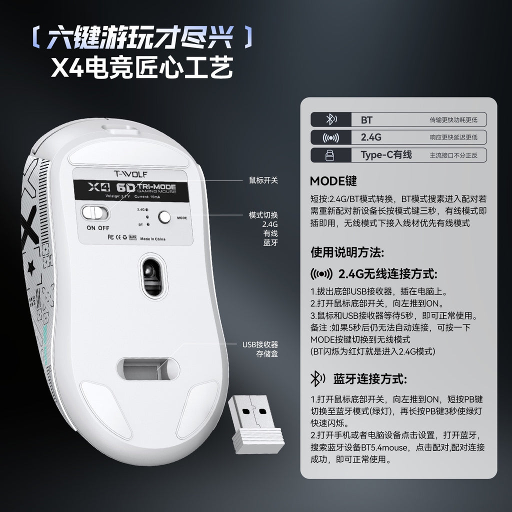 T‑WOLF X4 Tri‑Mode Gaming Mouse, 2.4G / Bluetooth / Wired Lightweight Wireless Mouse