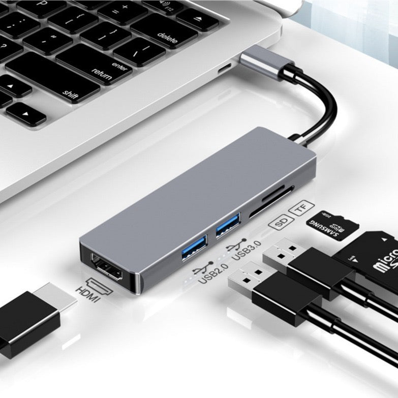5‑in‑1 Type‑C Hub Docking Station, 4K HDMI + Gigabit Ethernet + PD Charging + Dual USB3.0 Adapter