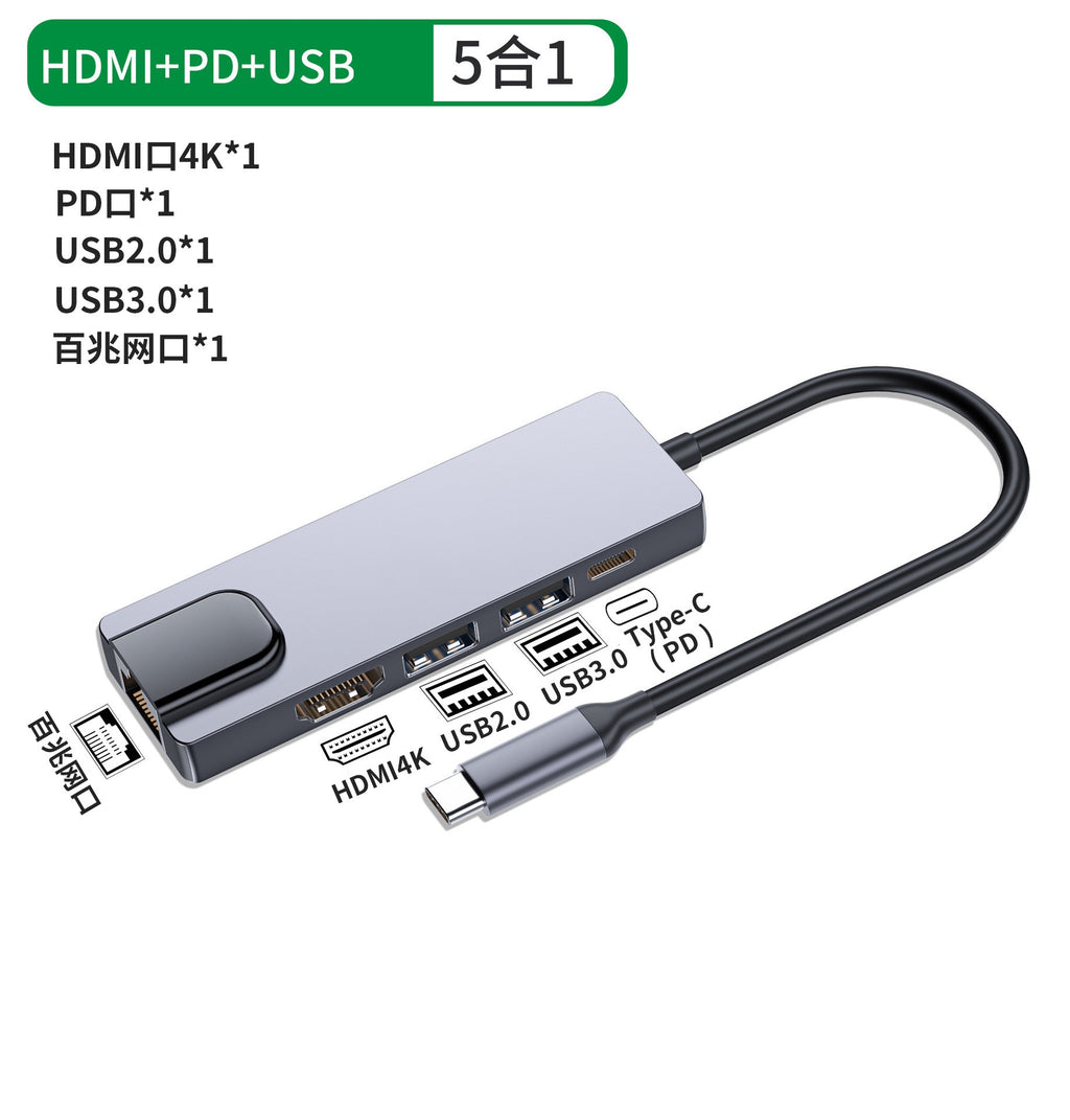 5‑in‑1 Type‑C Hub Docking Station, 4K HDMI + Gigabit Ethernet + PD Charging + Dual USB3.0 Adapter