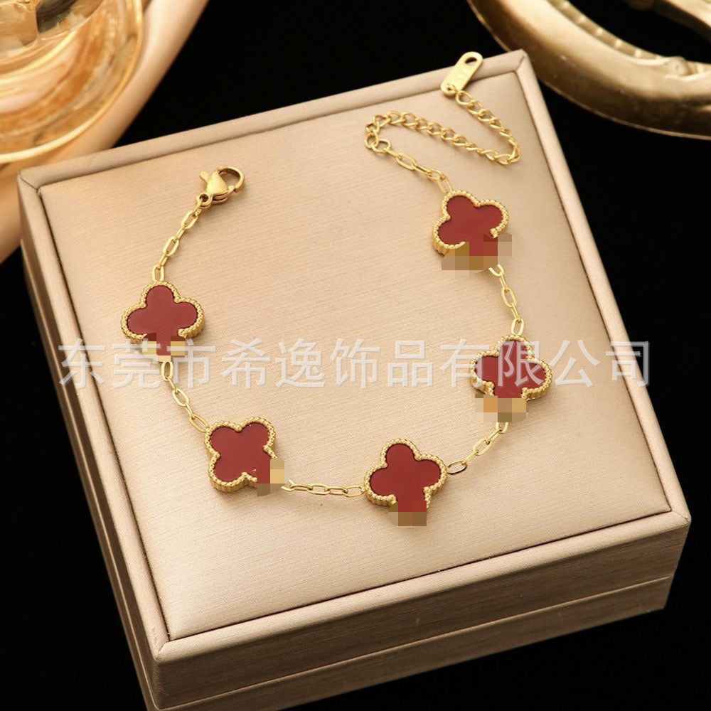 Women’s Pink Clover Bracelet, Gold‑Plated Four‑Leaf Clover Fashion Jewelry Bracelet