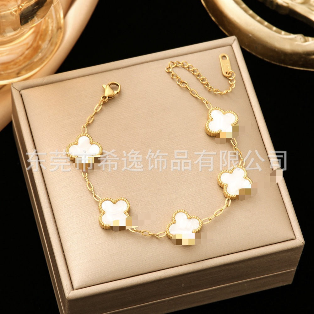Women’s Pink Clover Bracelet, Gold‑Plated Four‑Leaf Clover Fashion Jewelry Bracelet