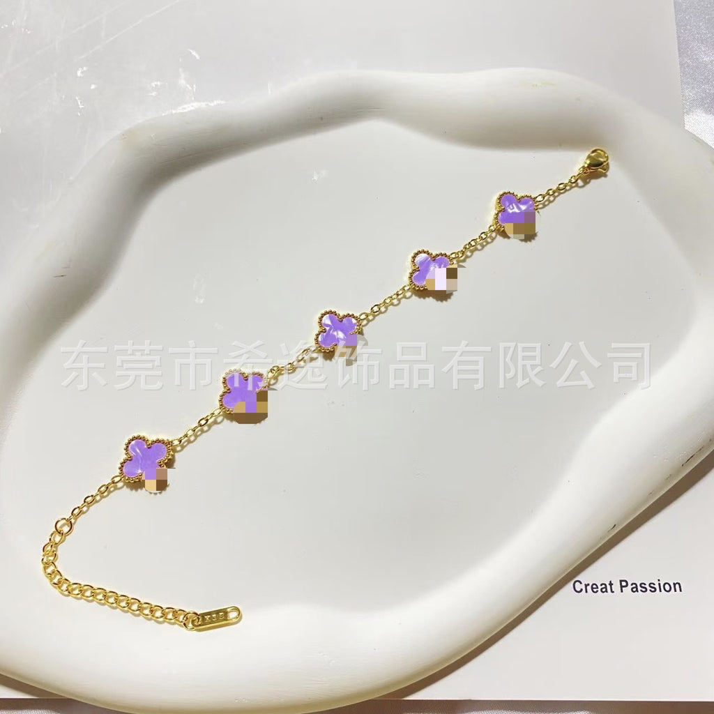 Women’s Pink Clover Bracelet, Gold‑Plated Four‑Leaf Clover Fashion Jewelry Bracelet