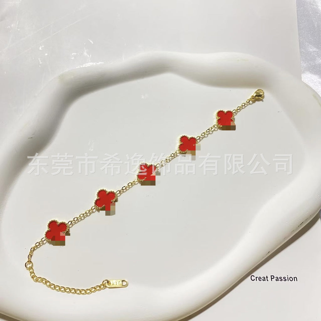Women’s Pink Clover Bracelet, Gold‑Plated Four‑Leaf Clover Fashion Jewelry Bracelet