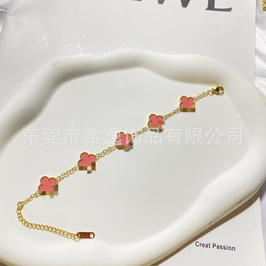 Women’s Pink Clover Bracelet, Gold‑Plated Four‑Leaf Clover Fashion Jewelry Bracelet