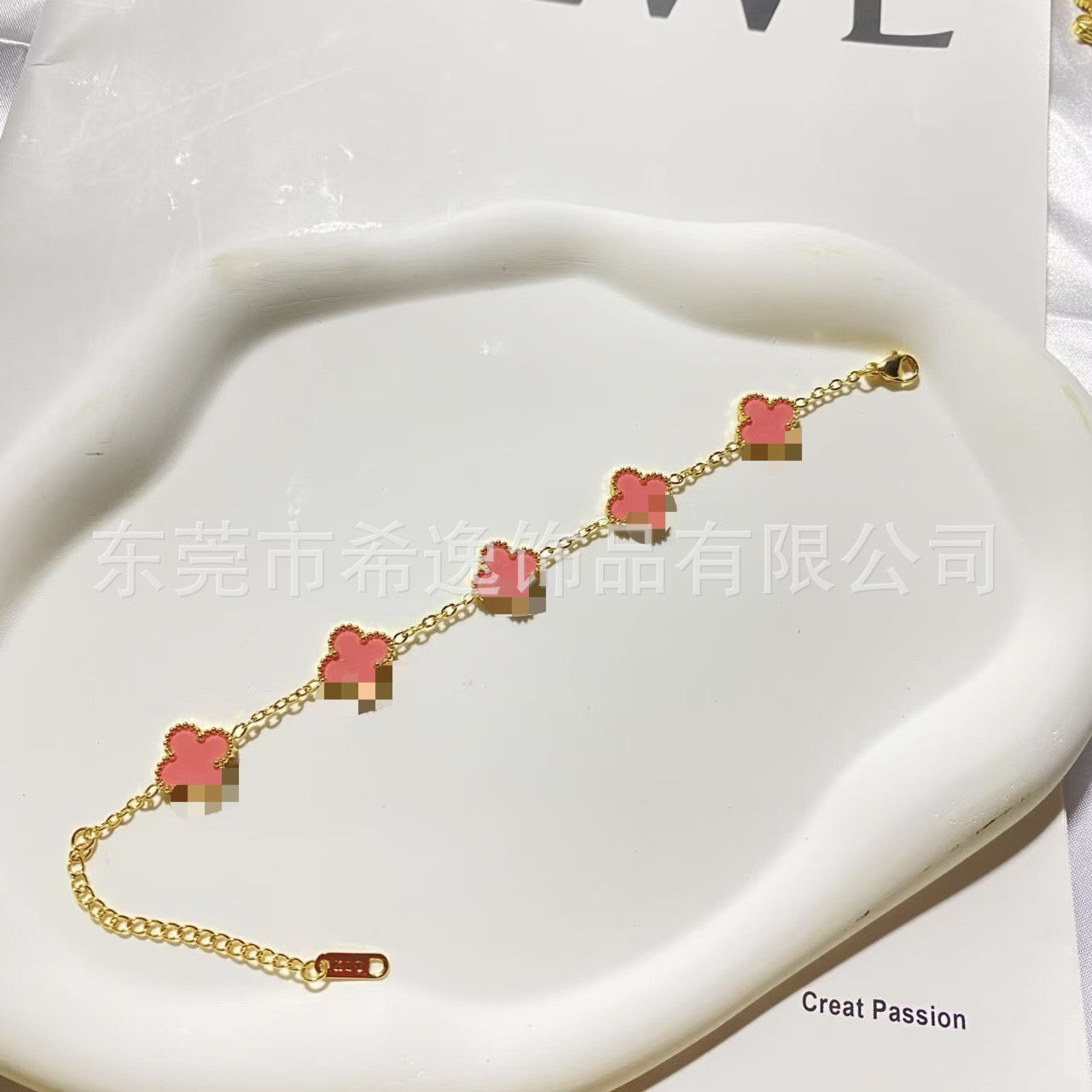 Women’s Pink Clover Bracelet, Gold‑Plated Four‑Leaf Clover Fashion Jewelry Bracelet