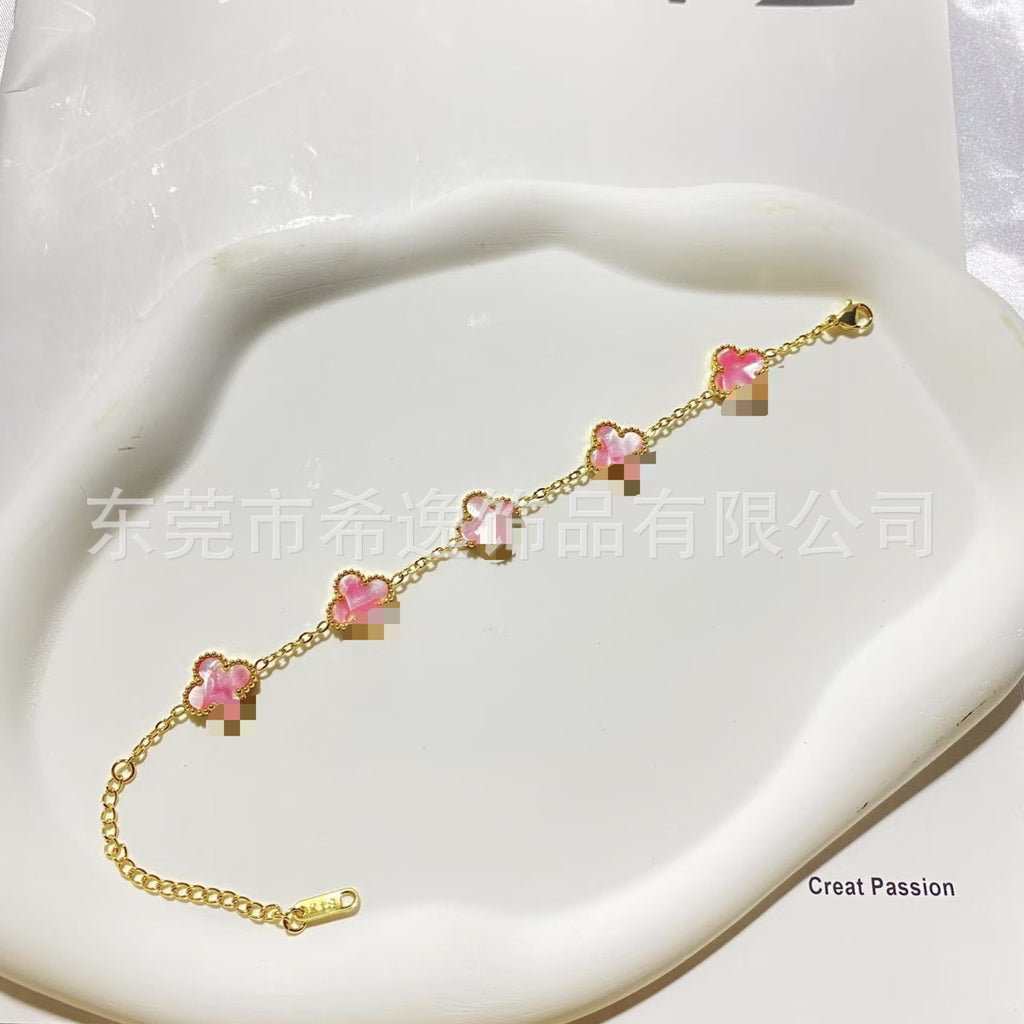 Women’s Pink Clover Bracelet, Gold‑Plated Four‑Leaf Clover Fashion Jewelry Bracelet