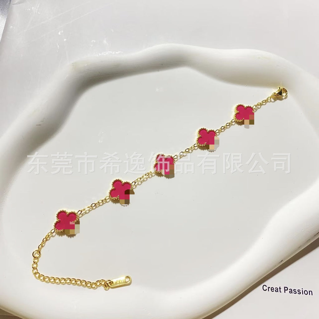 Women’s Pink Clover Bracelet, Gold‑Plated Four‑Leaf Clover Fashion Jewelry Bracelet
