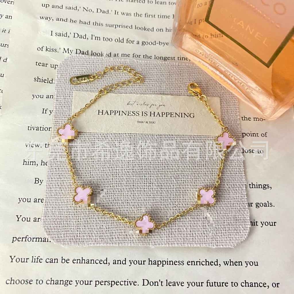 Women’s Pink Clover Bracelet, Gold‑Plated Four‑Leaf Clover Fashion Jewelry Bracelet