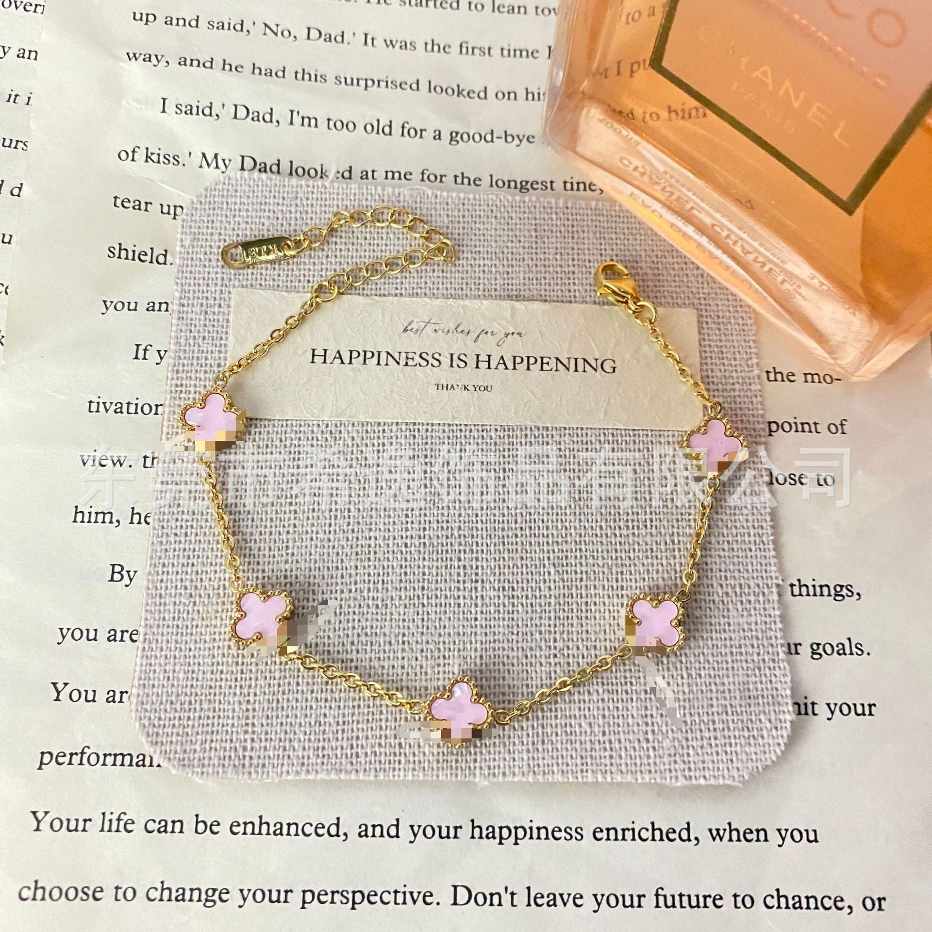 Women’s Pink Clover Bracelet, Gold‑Plated Four‑Leaf Clover Fashion Jewelry Bracelet