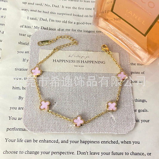 Women’s Pink Clover Bracelet, Gold‑Plated Four‑Leaf Clover Fashion Jewelry Bracelet