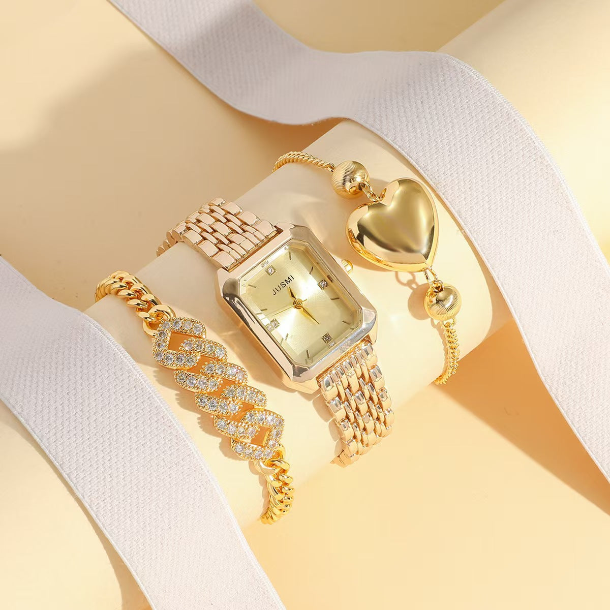 Women Gold‑Tone Watch Jewelry Gift Set, Square Wrist Watch + 2 Bracelets Gift Box Kit