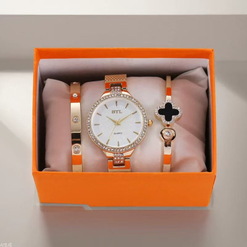 Women Gold‑Tone Watch Jewelry Gift Set, Square Wrist Watch + 2 Bracelets Gift Box Kit
