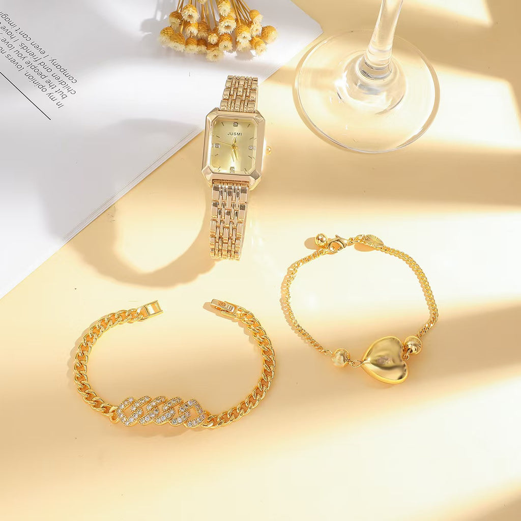Women Gold‑Tone Watch Jewelry Gift Set, Square Wrist Watch + 2 Bracelets Gift Box Kit