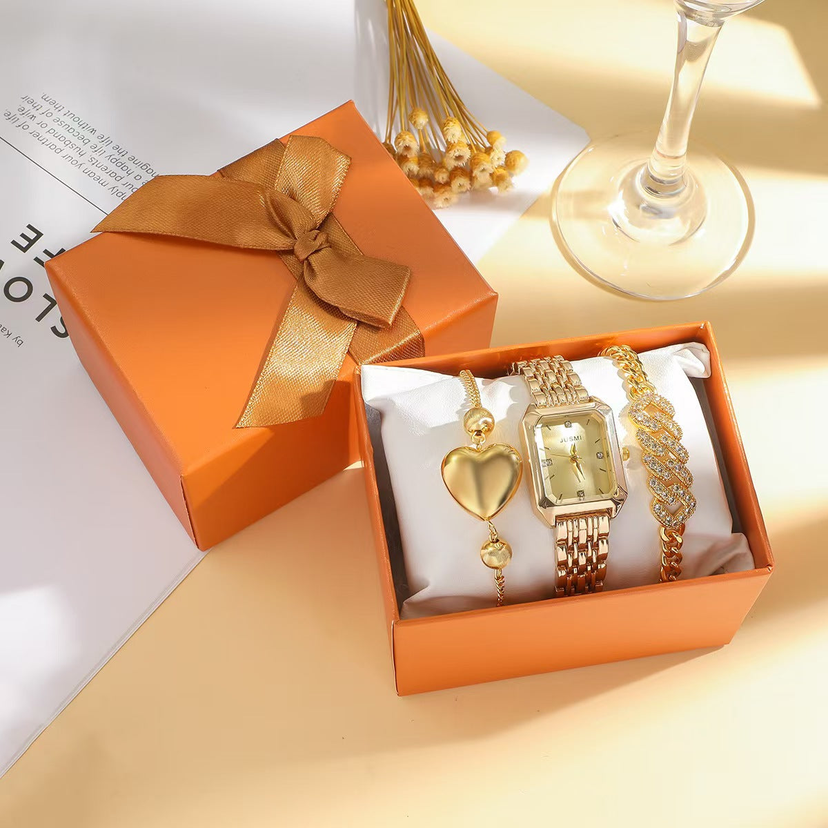 Women Gold‑Tone Watch Jewelry Gift Set, Square Wrist Watch + 2 Bracelets Gift Box Kit