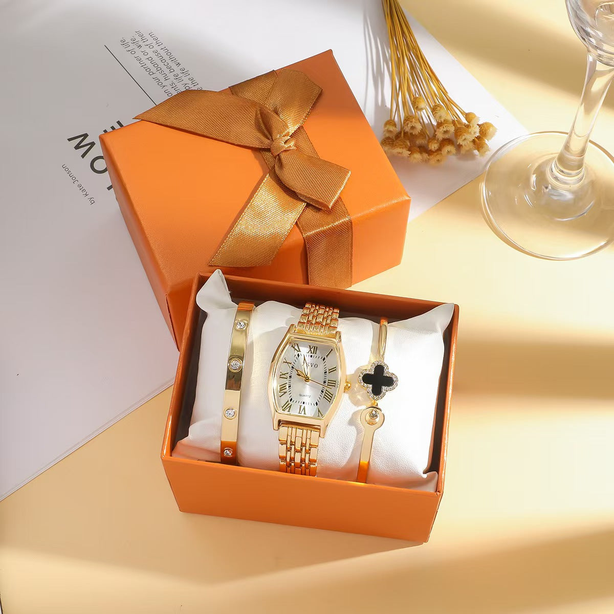 Women Gold‑Tone Watch Jewelry Gift Set, Square Wrist Watch + 2 Bracelets Gift Box Kit