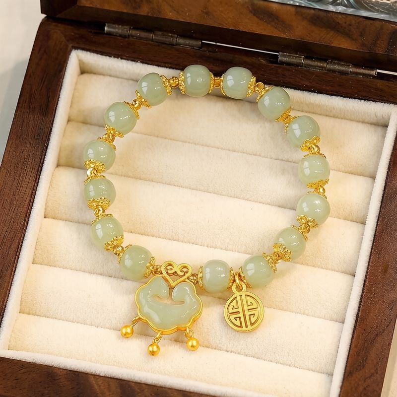 Women’s Jade Bead Bracelet, Ruyi Safety Lock Charm Vintage Bracelet for Gift