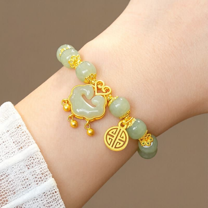 Women’s Jade Bead Bracelet, Ruyi Safety Lock Charm Vintage Bracelet for Gift