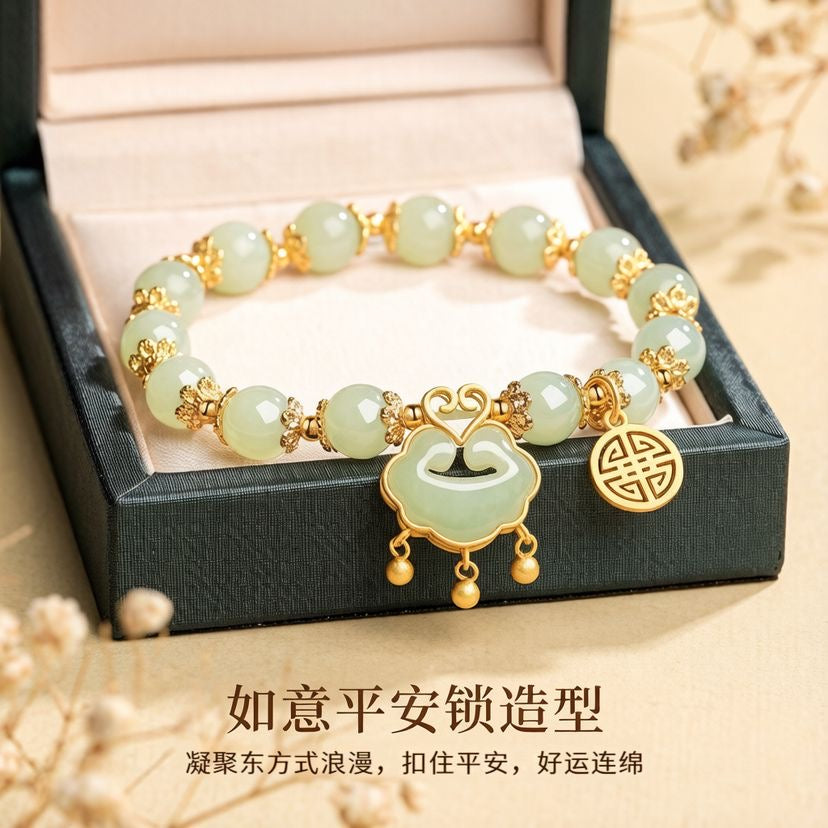 Women’s Jade Bead Bracelet, Ruyi Safety Lock Charm Vintage Bracelet for Gift