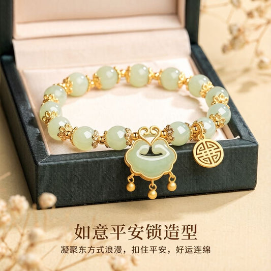 Women’s Jade Bead Bracelet, Ruyi Safety Lock Charm Vintage Bracelet for Gift