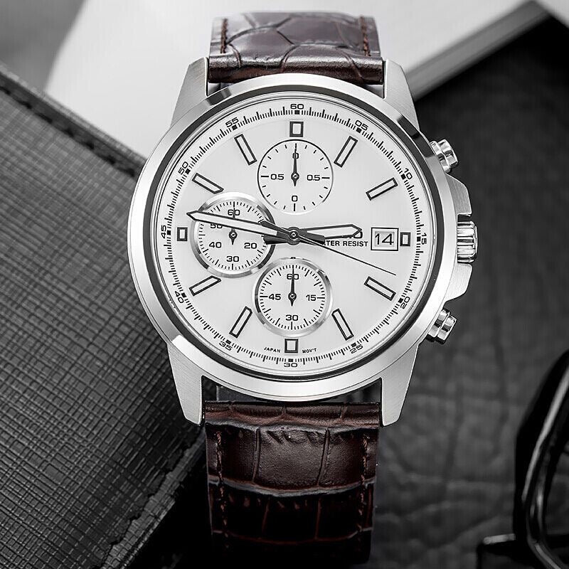 Casio Men Chronograph Watch, White Dial Brown Leather Strap Quartz Wrist Watch With Date Display