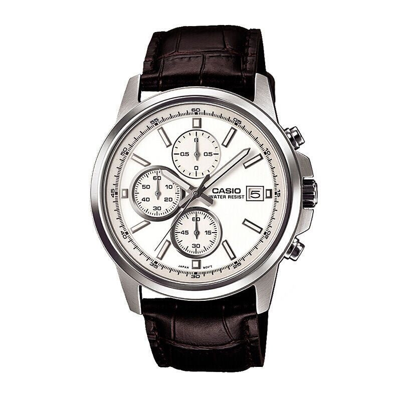 Casio Men Chronograph Watch, White Dial Brown Leather Strap Quartz Wrist Watch With Date Display