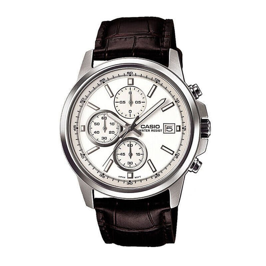 Casio Men Chronograph Watch, White Dial Brown Leather Strap Quartz Wrist Watch With Date Display