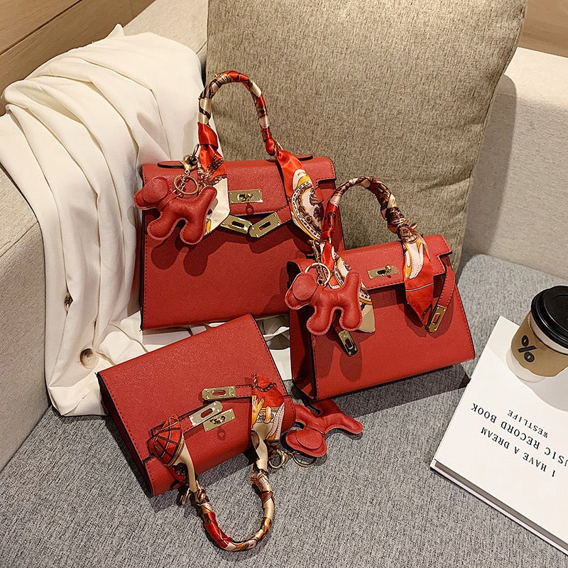 Women Fashion PU Leather Handbag, Luxury Satchel Bag With Silk Scarf Charm
