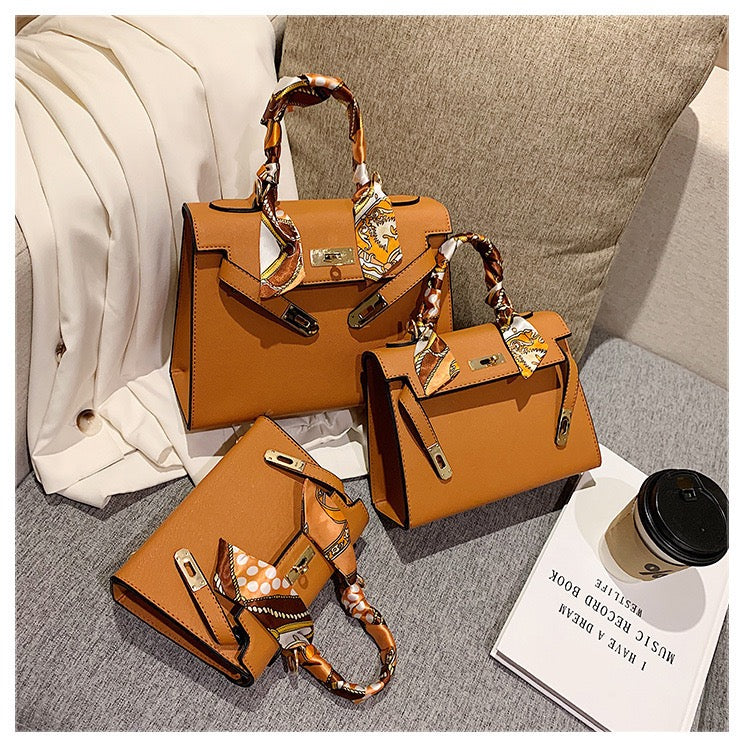 Women Fashion PU Leather Handbag, Luxury Satchel Bag With Silk Scarf Charm
