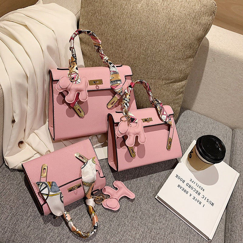Women Fashion PU Leather Handbag, Luxury Satchel Bag With Silk Scarf Charm