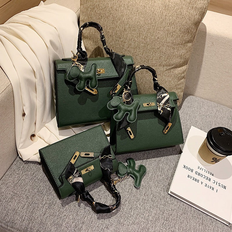 Women Fashion PU Leather Handbag, Luxury Satchel Bag With Silk Scarf Charm