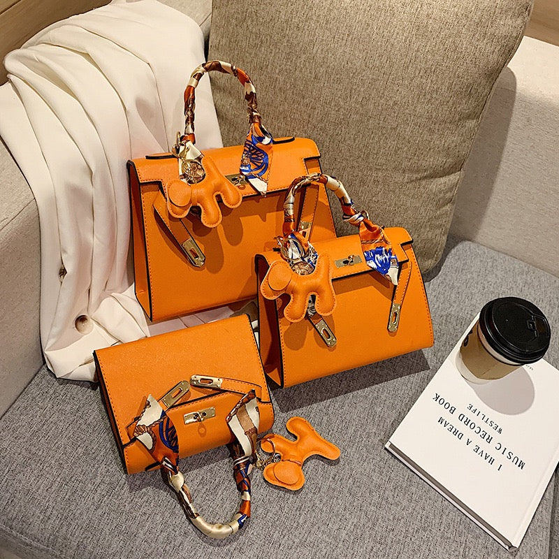 Women Fashion PU Leather Handbag, Luxury Satchel Bag With Silk Scarf Charm