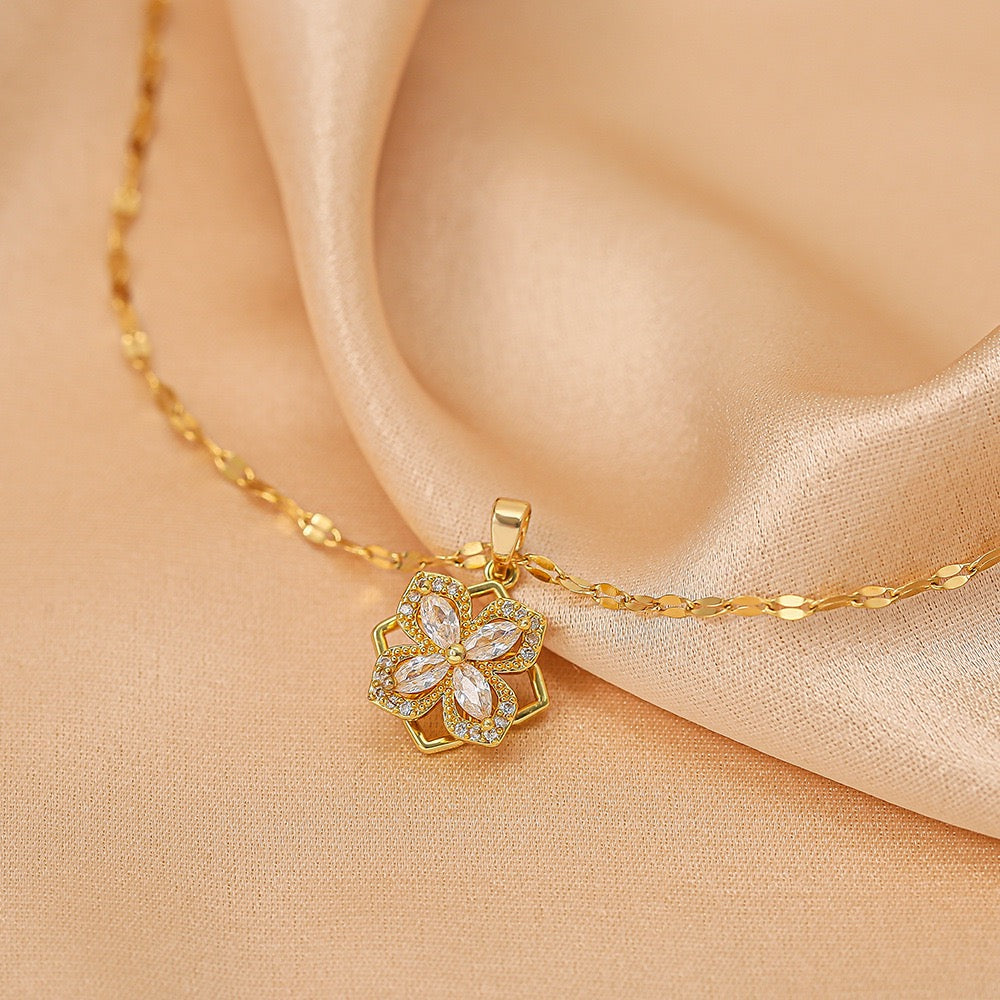 Women Gold Plated Flower Zircon Necklace, Elegant Floral Pendant Jewelry