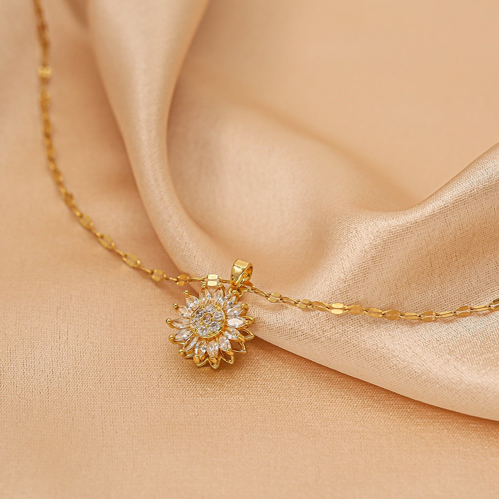 Women Gold Plated Flower Zircon Necklace, Elegant Floral Pendant Jewelry