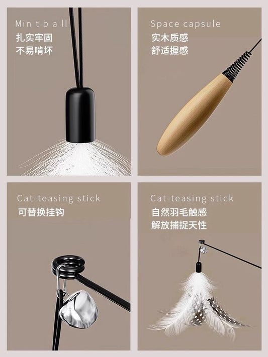 Wooden Handle Cat Teaser Wand, Interactive Feather Cat Toy With Bell & Replaceable Hooks