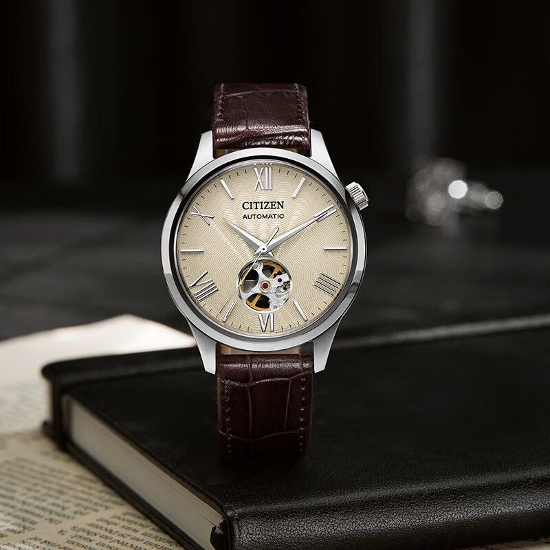 Citizen Men's Automatic Mechanical Watch, Hollow Dial Roman Numeral Leather Strap Wristwatch