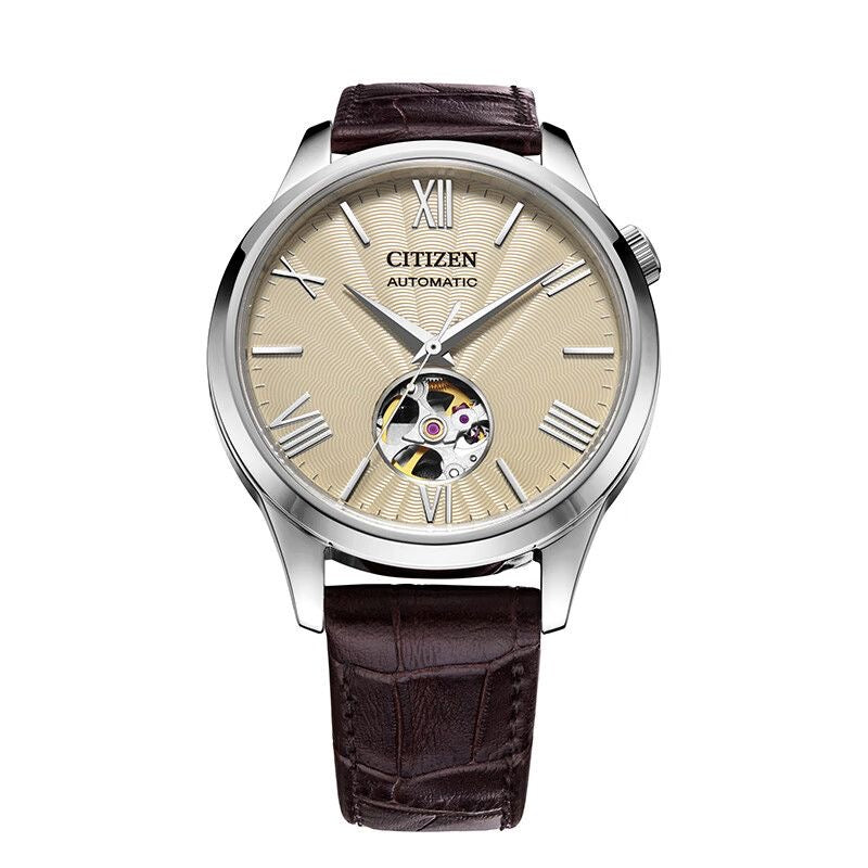 Citizen Men's Automatic Mechanical Watch, Hollow Dial Roman Numeral Leather Strap Wristwatch