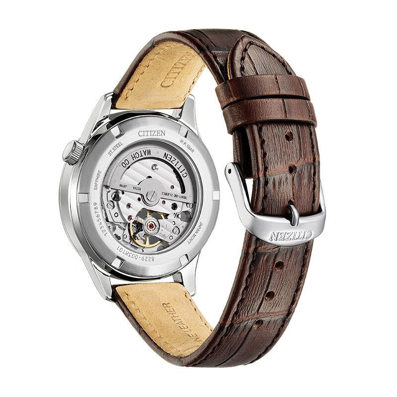 Citizen Men's Automatic Mechanical Watch, Hollow Dial Roman Numeral Leather Strap Wristwatch