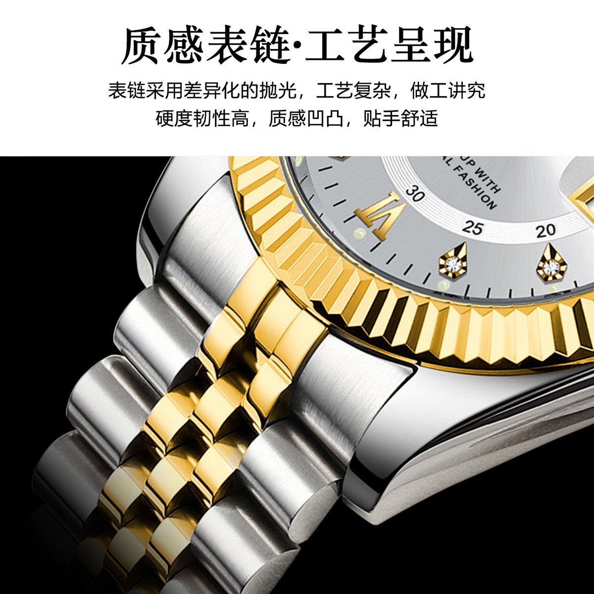 Men Luxury Business Quartz Watch, Two‑Tone Gold Silver Stainless Steel Band, Blue Dial Calendar Dress Wrist Watch for Men