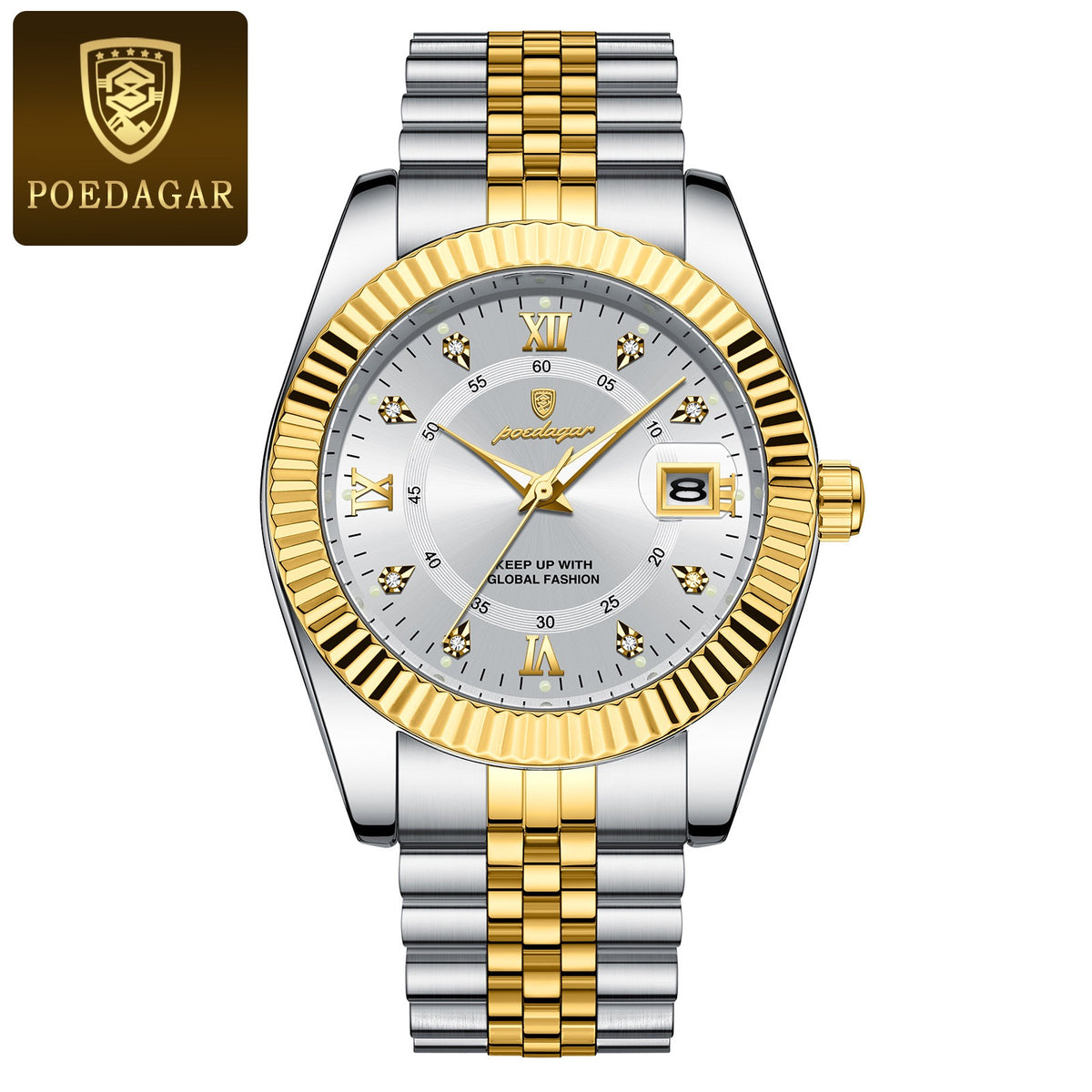 Men Luxury Business Quartz Watch, Two‑Tone Gold Silver Stainless Steel Band, Blue Dial Calendar Dress Wrist Watch for Men