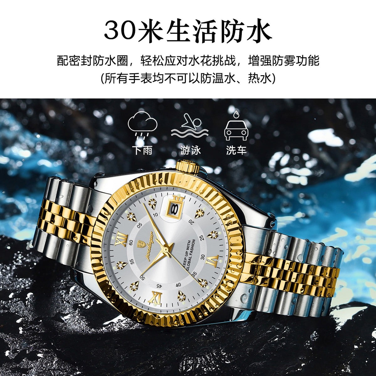 Men Luxury Business Quartz Watch, Two‑Tone Gold Silver Stainless Steel Band, Blue Dial Calendar Dress Wrist Watch for Men