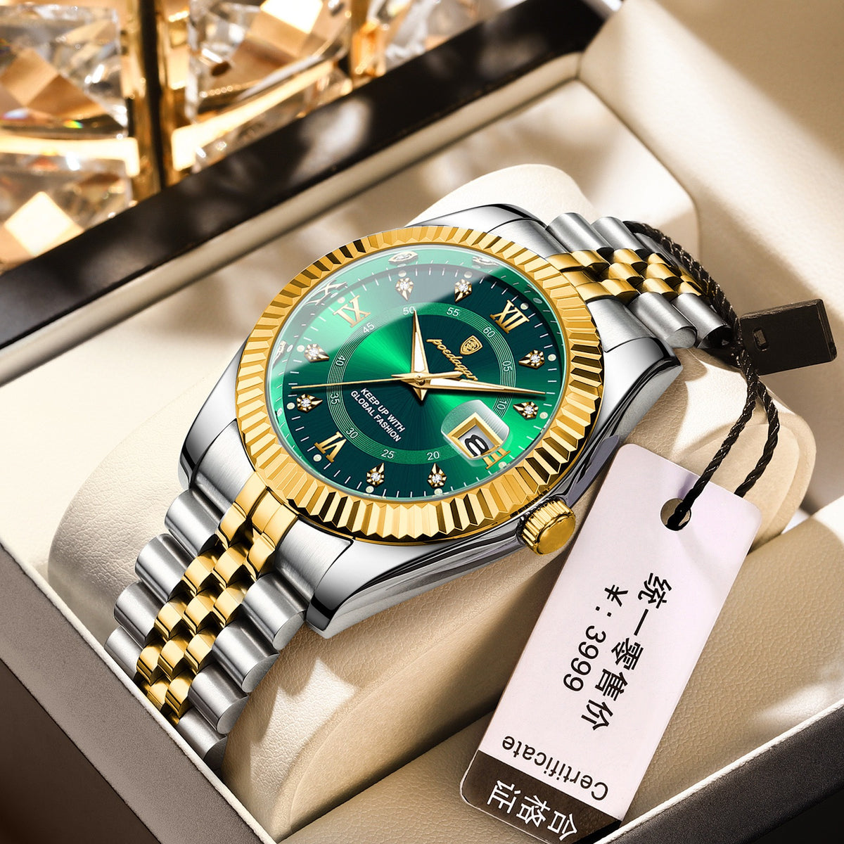 Men Luxury Business Quartz Watch, Two‑Tone Gold Silver Stainless Steel Band, Blue Dial Calendar Dress Wrist Watch for Men